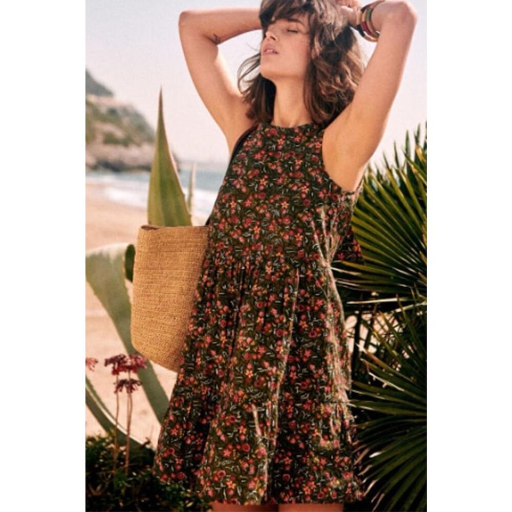 Sezane Floral Print Mini Dress Size 36 Green Pink Back Tie Sleeveless Robe Fifi